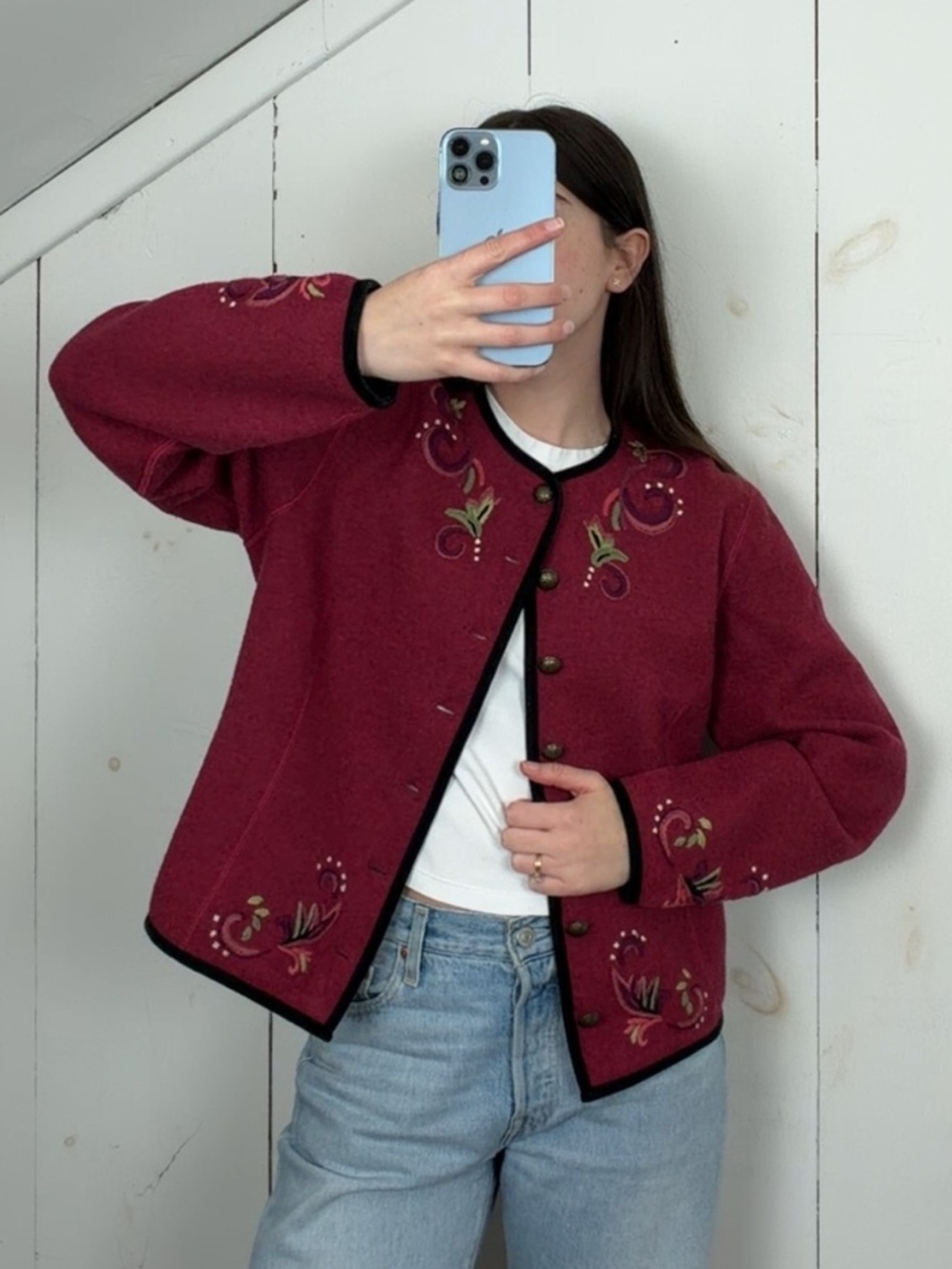 VTG Icelandic Design Wool Embroidered Cardigan Sweater Jacket Women’s M Shacket